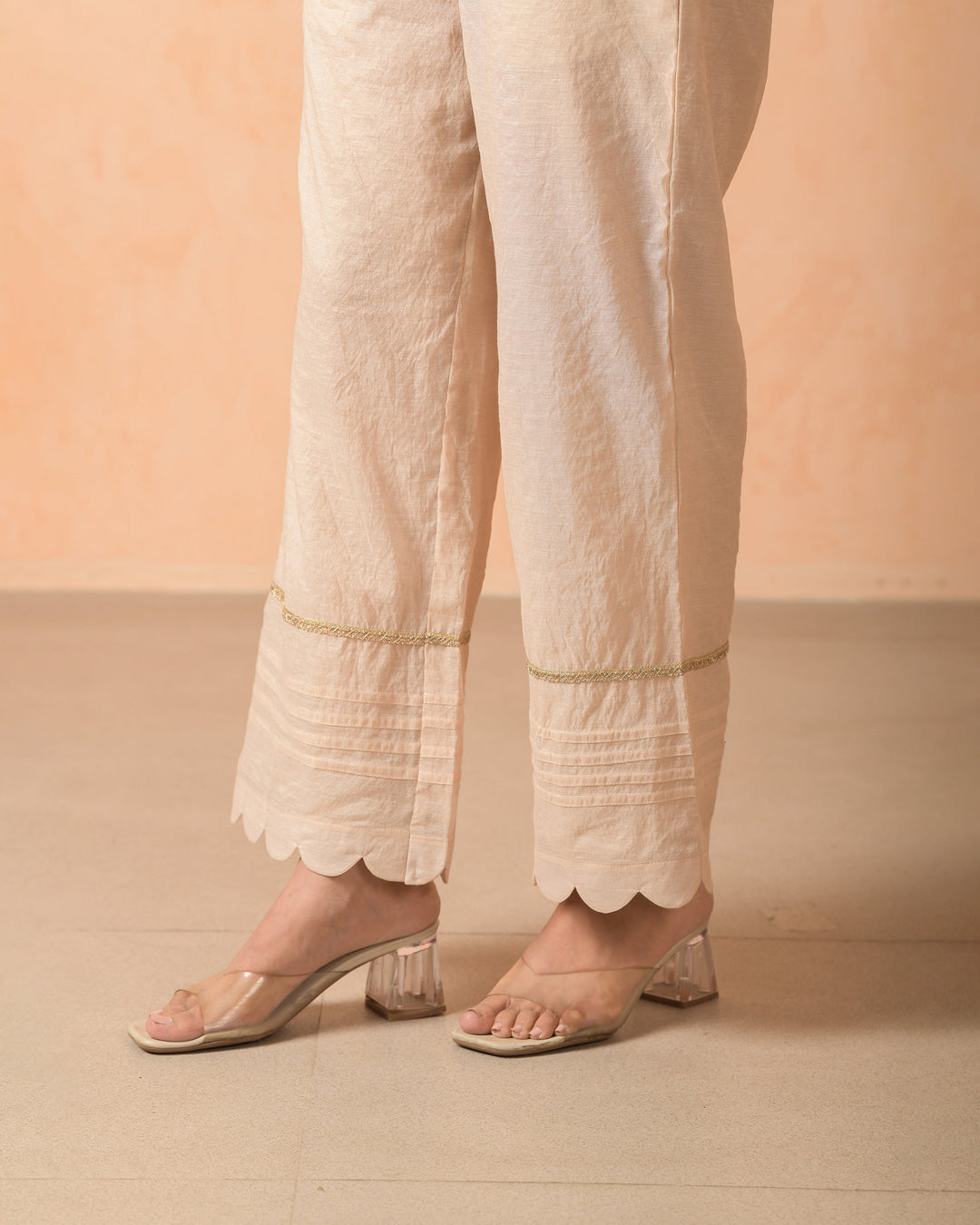 Arisya Beige Chanderi Solid Straight Pants