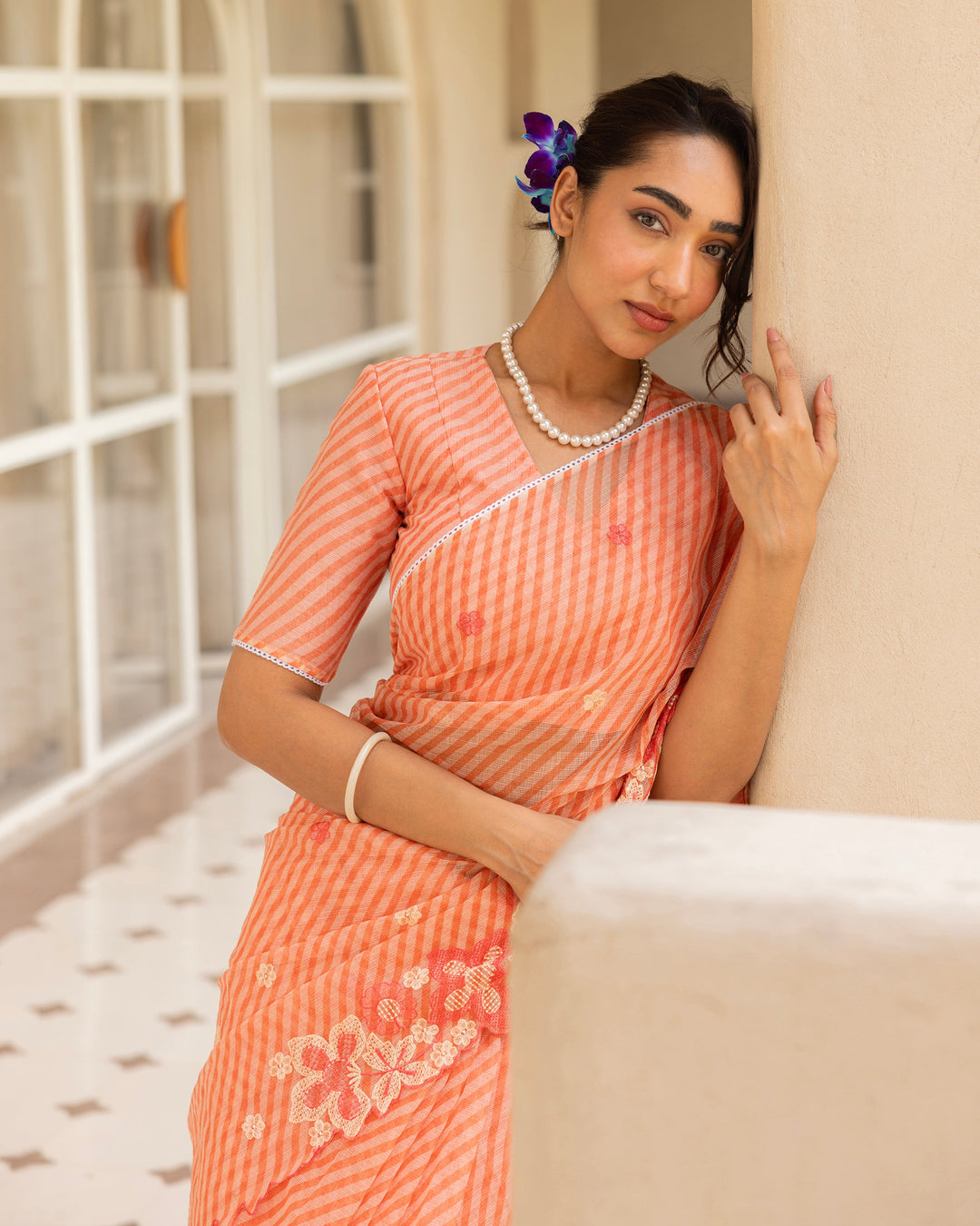 Raya Peach Doria Embroidered Saree