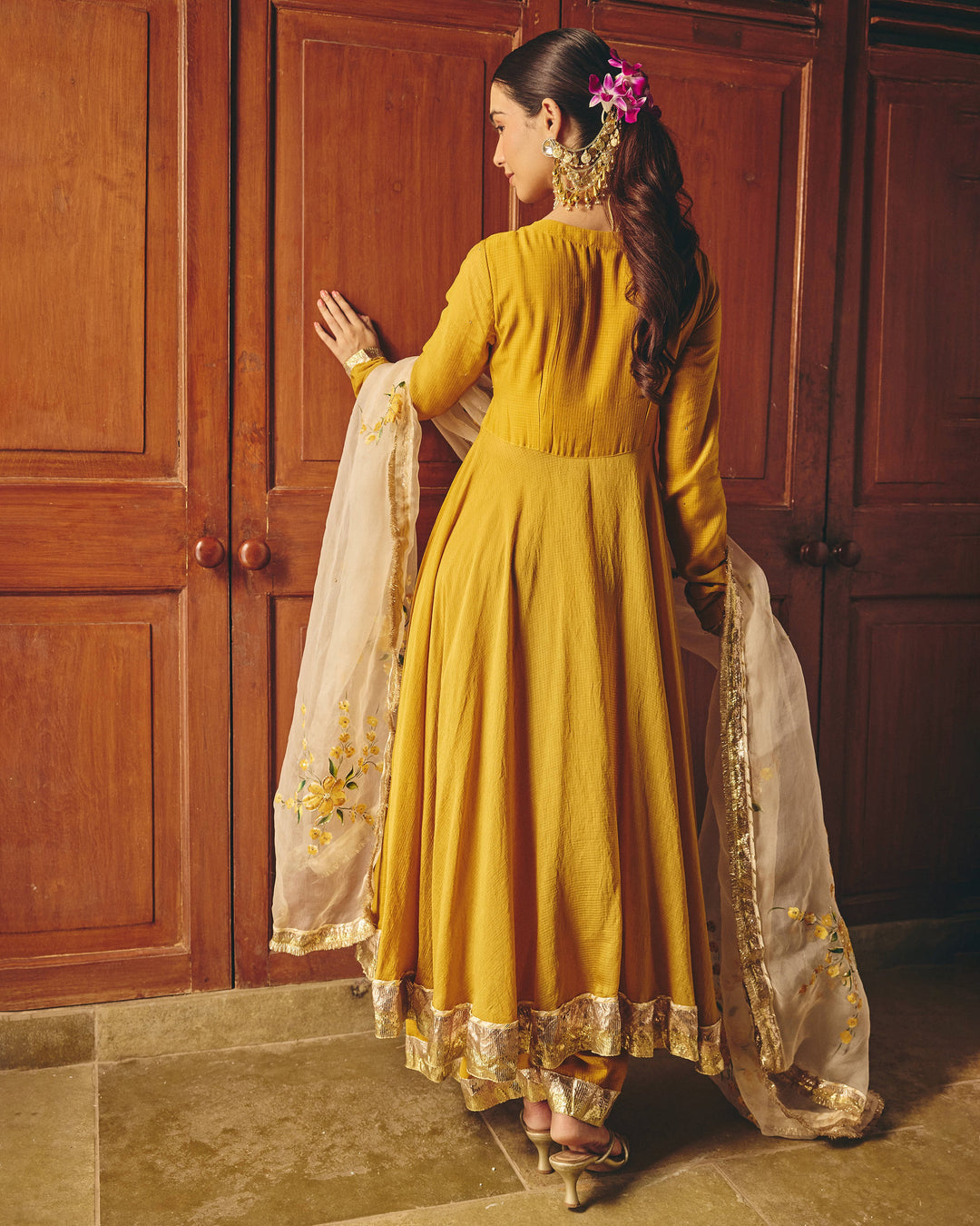 Alekya Mustard Handpainted Cotton Checks Suit Set