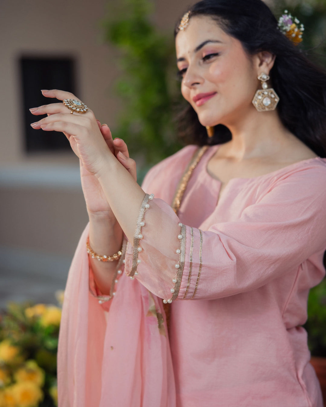 Kaner Pink Handpainted Chanderi Suit Set