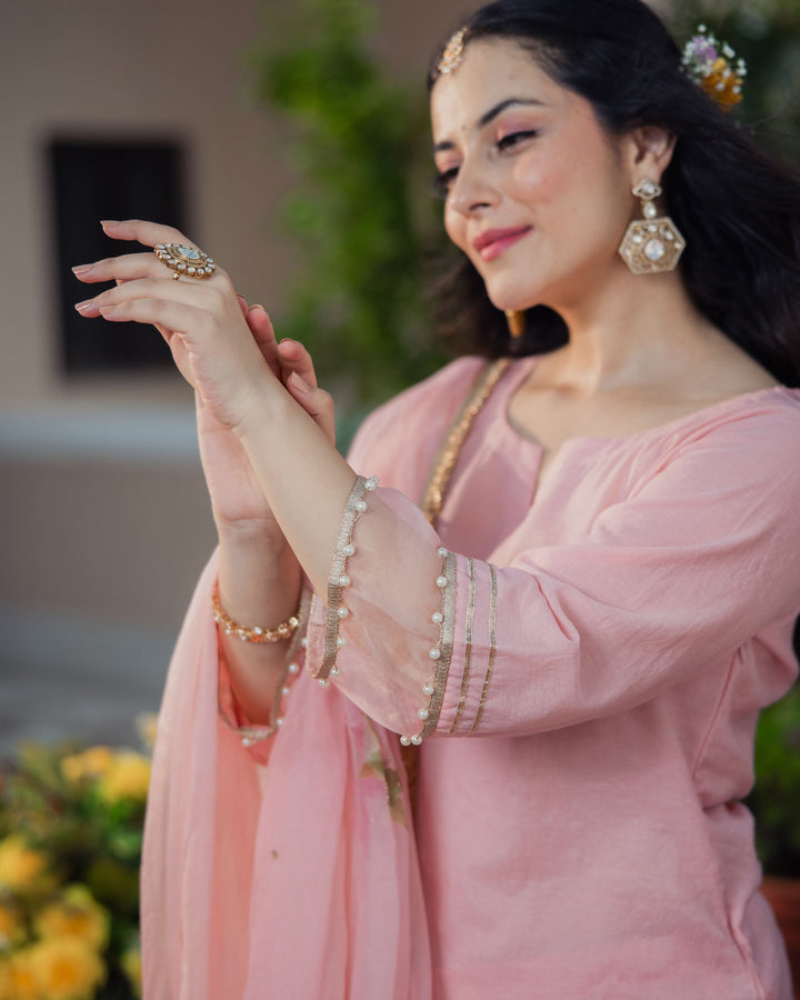 Kaner Pink Handpainted Chanderi Suit Set