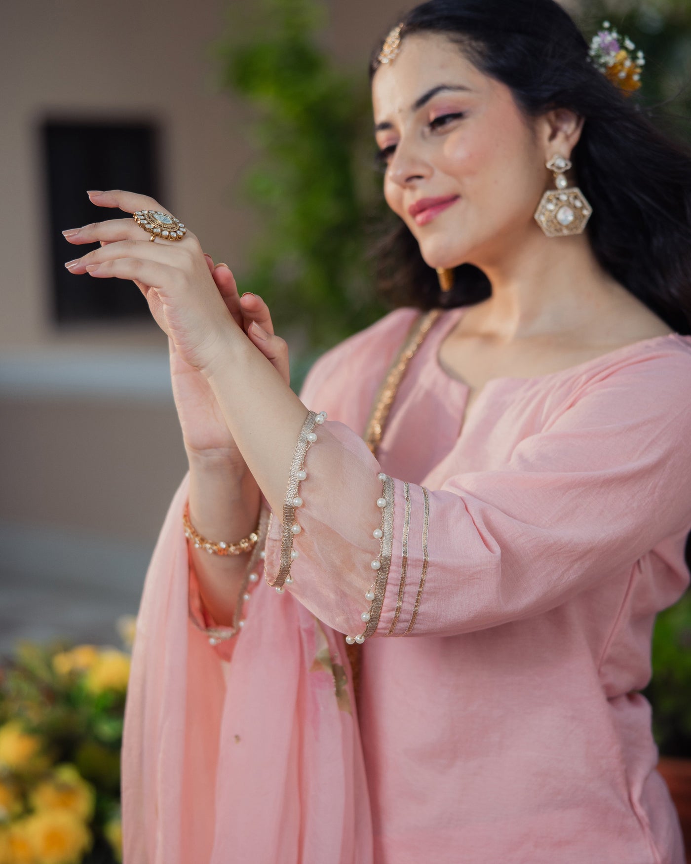 Kaner Pink Handpainted Chanderi Suit Set