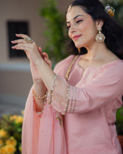 Kaner Pink Handpainted Chanderi Suit Set