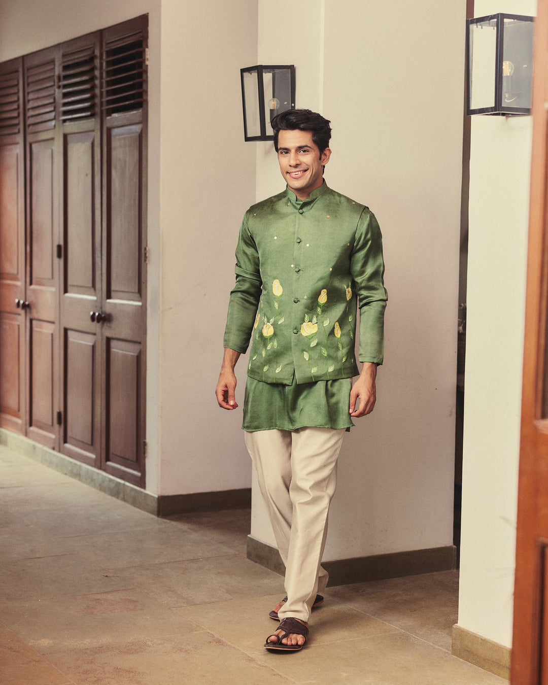 Aadvik Olive Handpainted Silk Jacket And Kurta Set