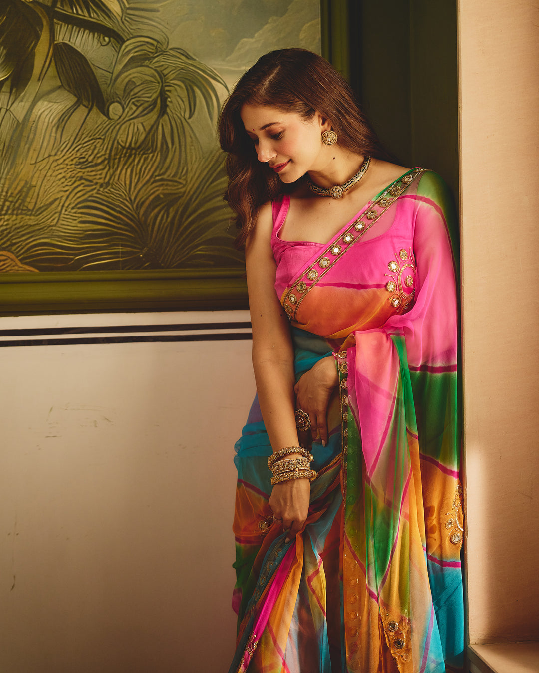 Shehnaz Dark Multi Color Leheriya Chiffon Saree