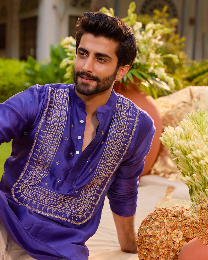 Prabhas Purple Chanderi Embroidered Kurta