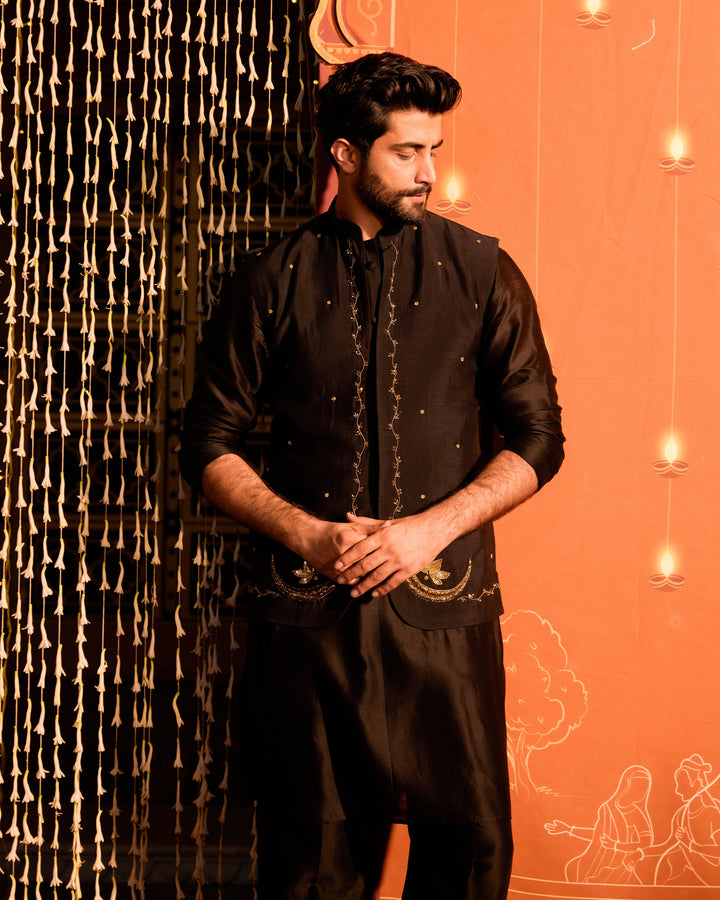 Ratan Black Chanderi Embroidered Jacket And Kurta Set