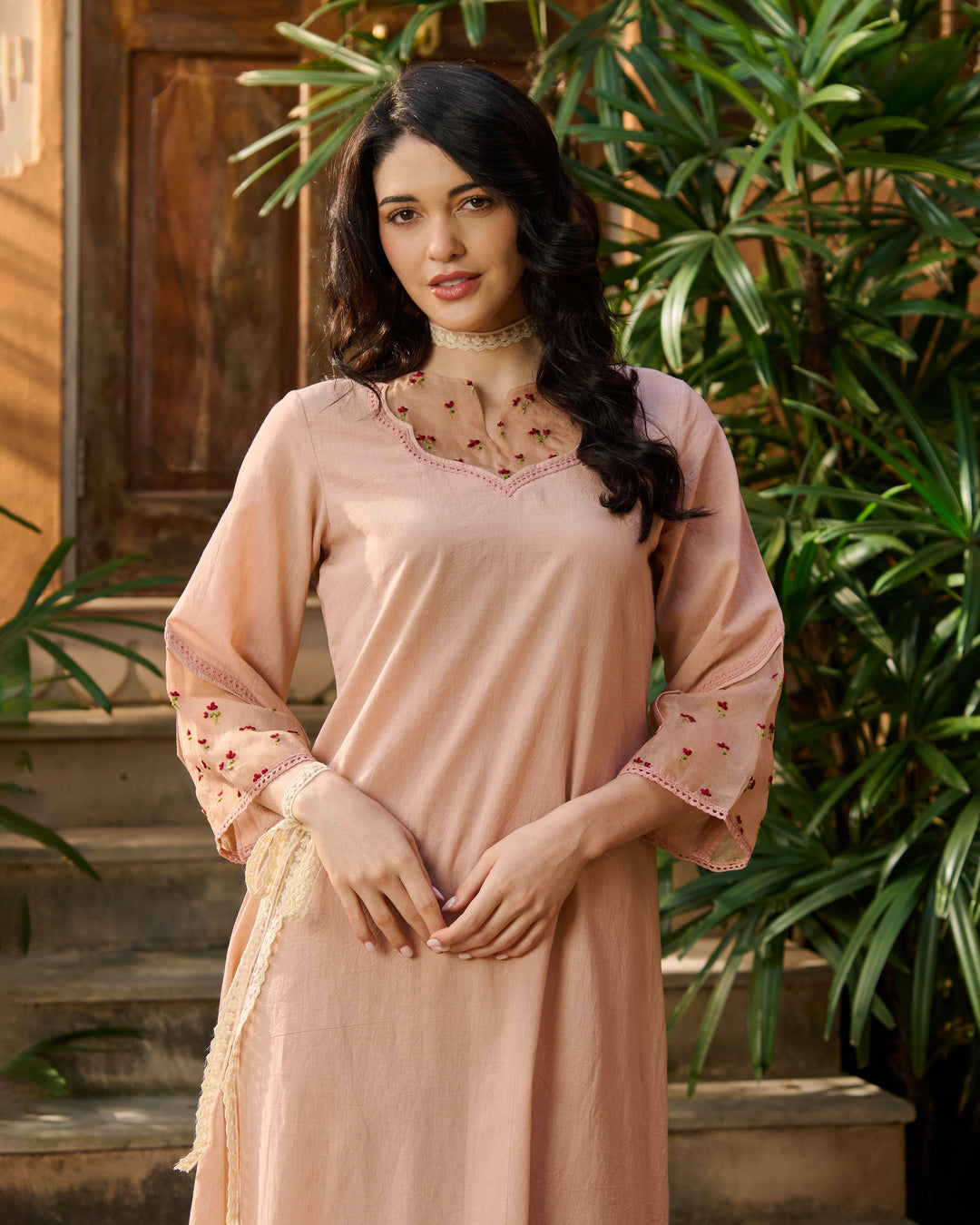 Zeena Peach Embroidered Cotton Kurta Set