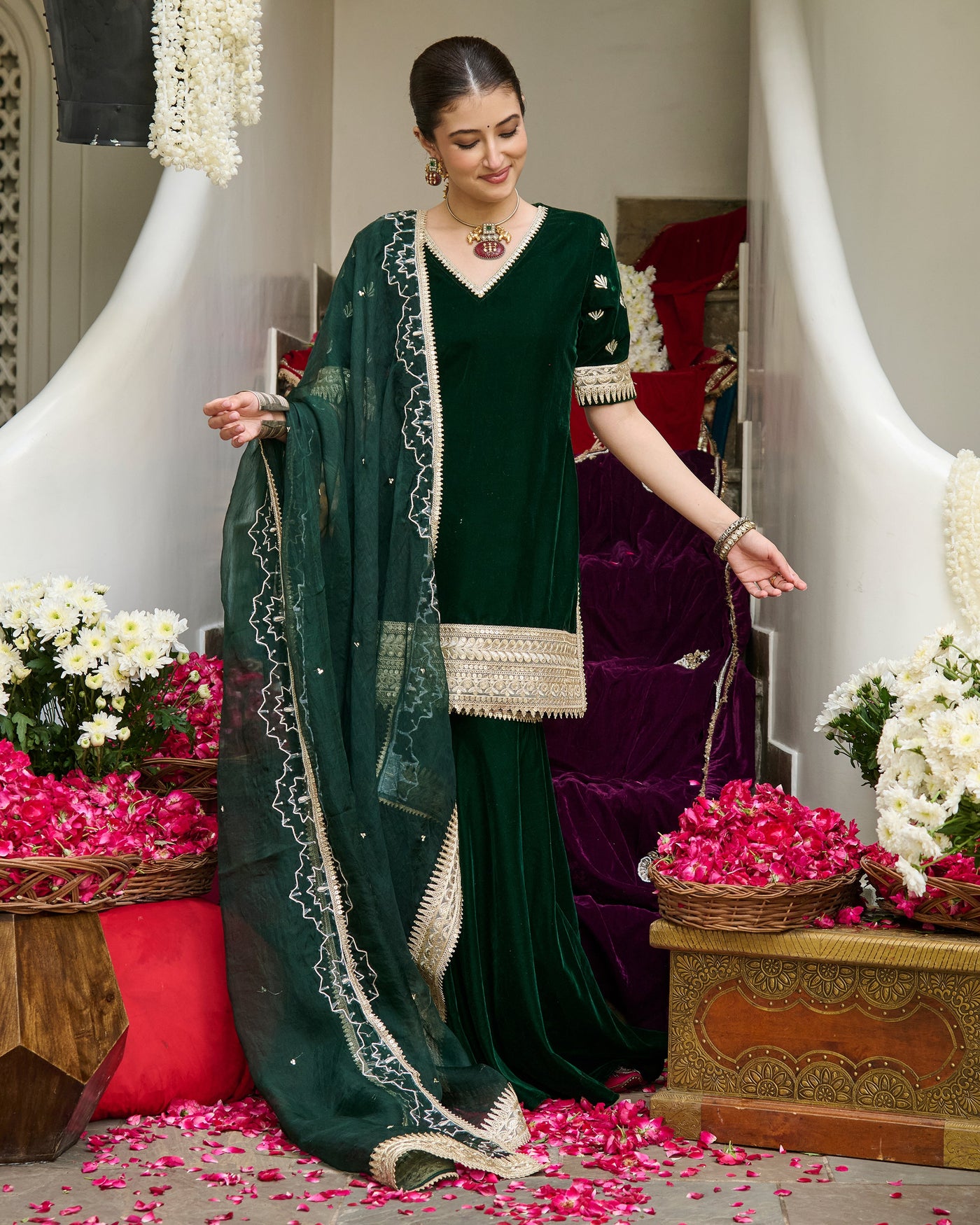Nila Green Embroidered Velvet Sharara Set