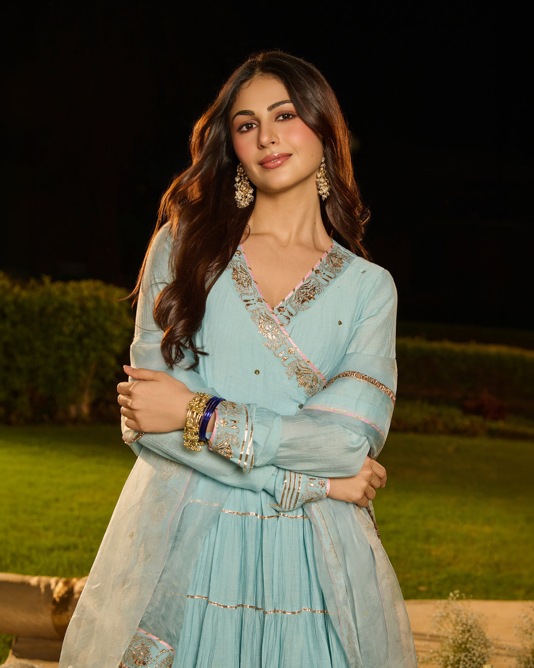 Dipti Sky Blue Embroidered Crush Suit Set