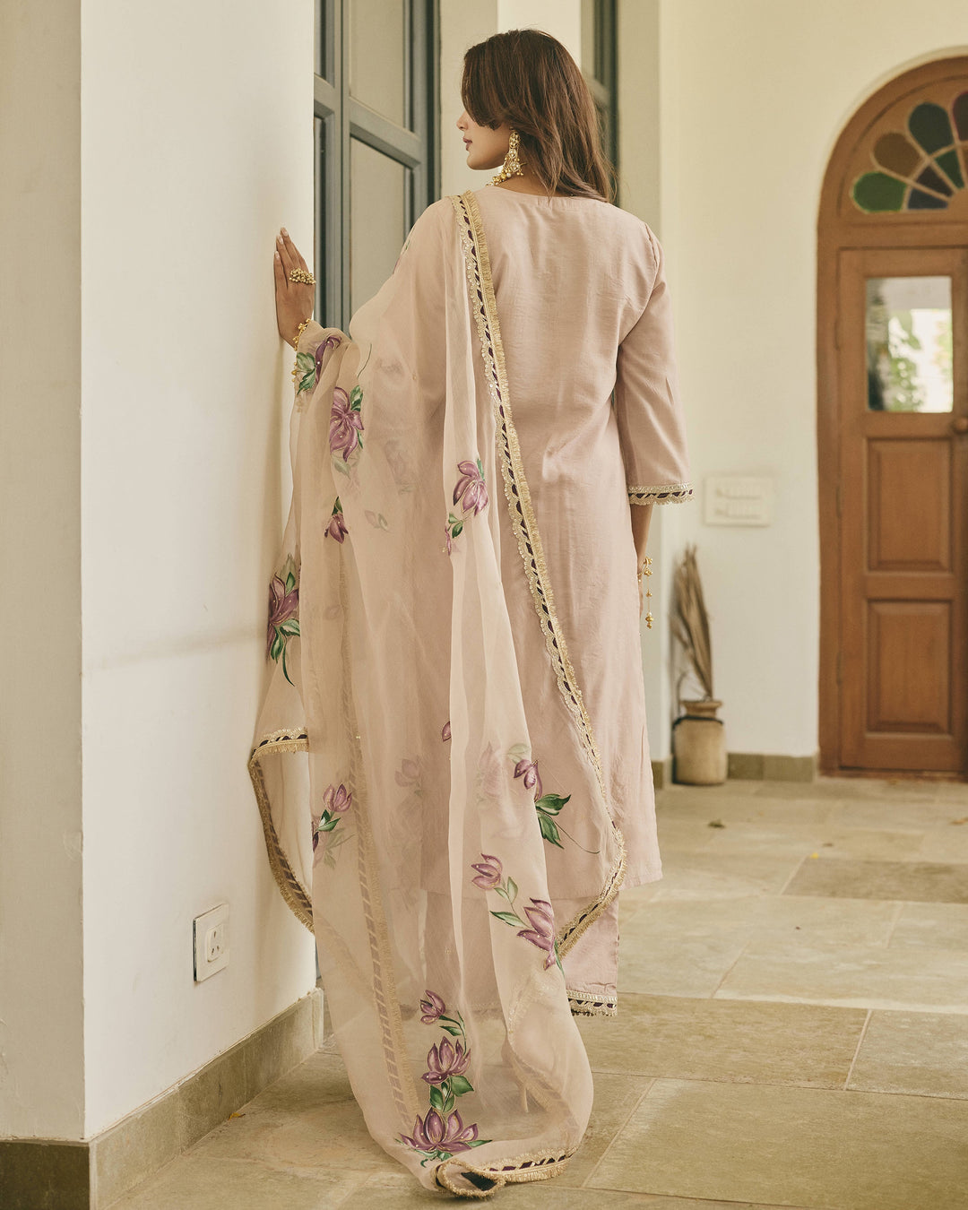 Chitvani Beige Handpainted Chanderi Suit Set