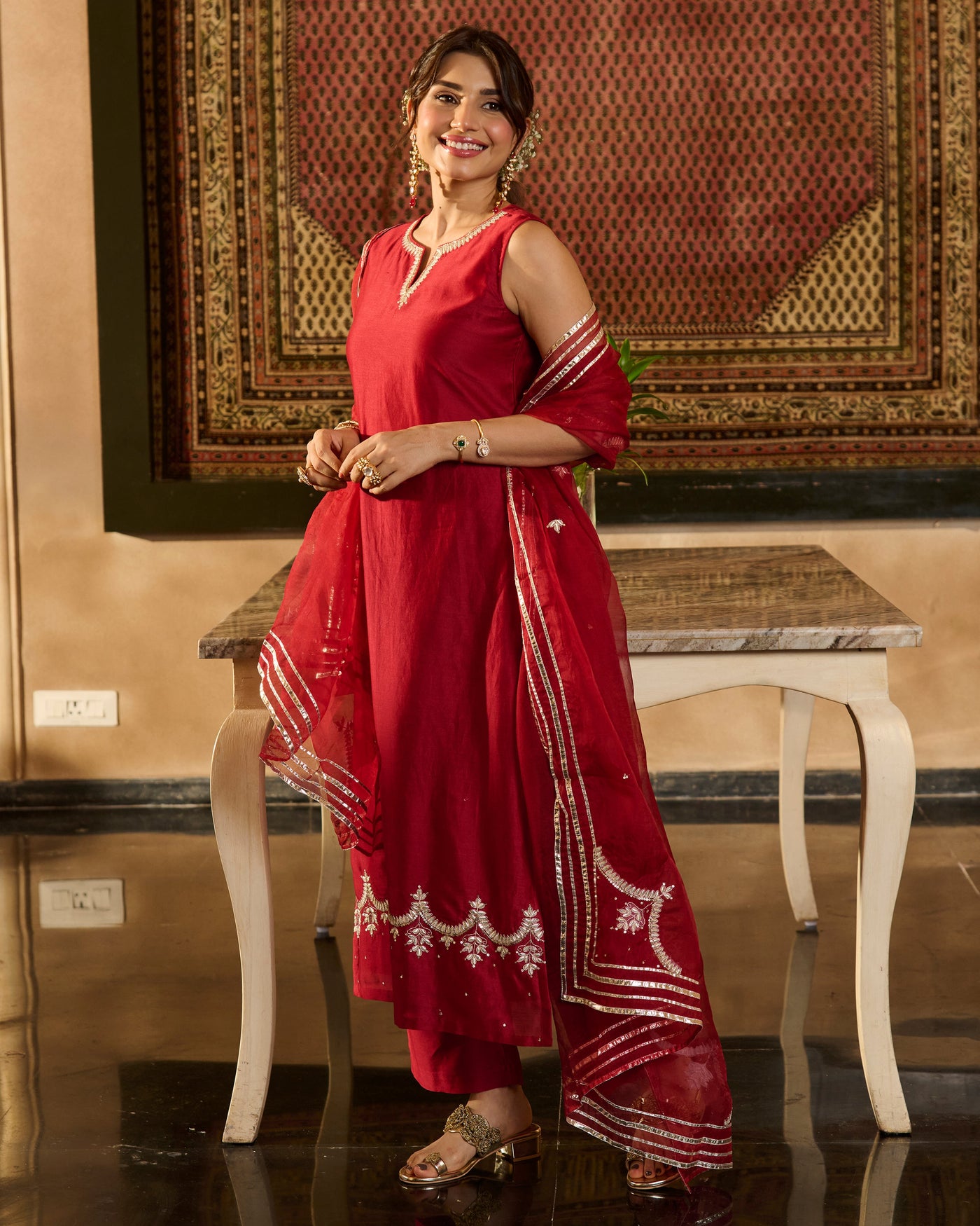 Jugni Maroon Solid Chanderi Suit Set