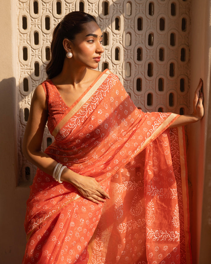 Aabheri Orange Doria Printed Saree