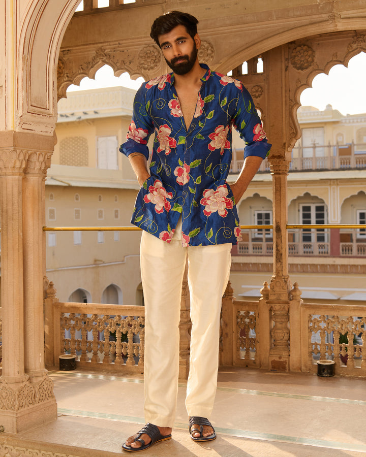 Kabir Blue Printed Chanderi Kurta