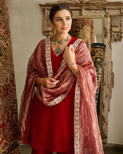 Dariki Red Embroidered Velvet Suit Set