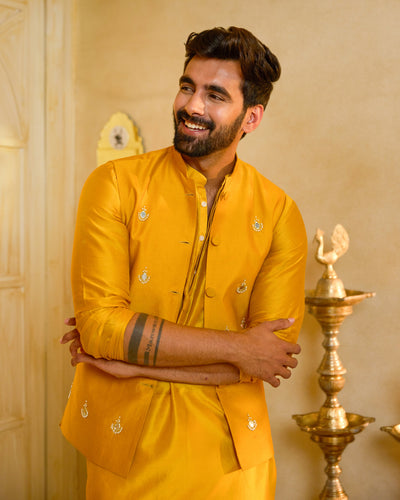 Balraj Yellow Embroidered Chanderi Jacket And Kurta Set