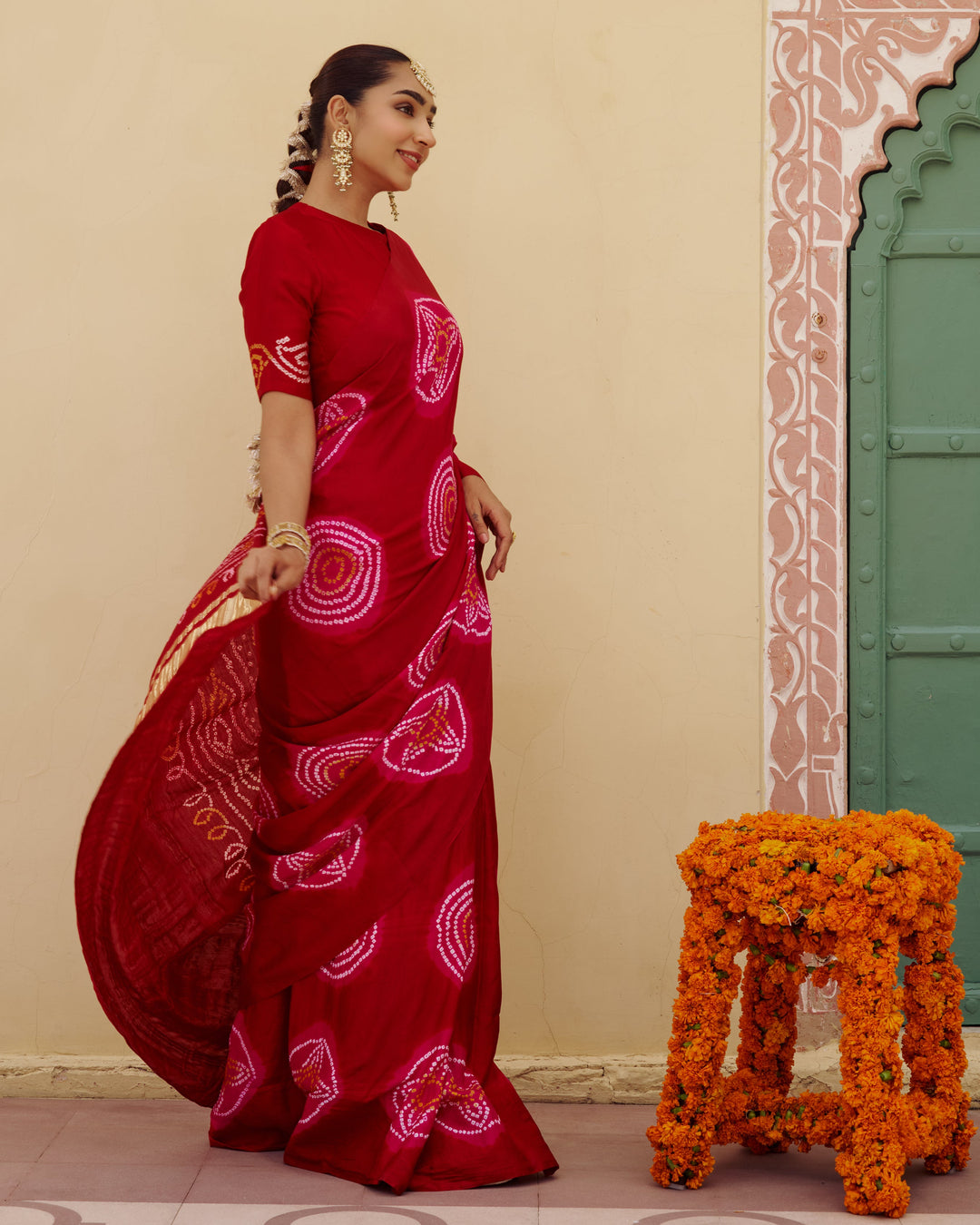 Maru Red Bandhej Silk Saree