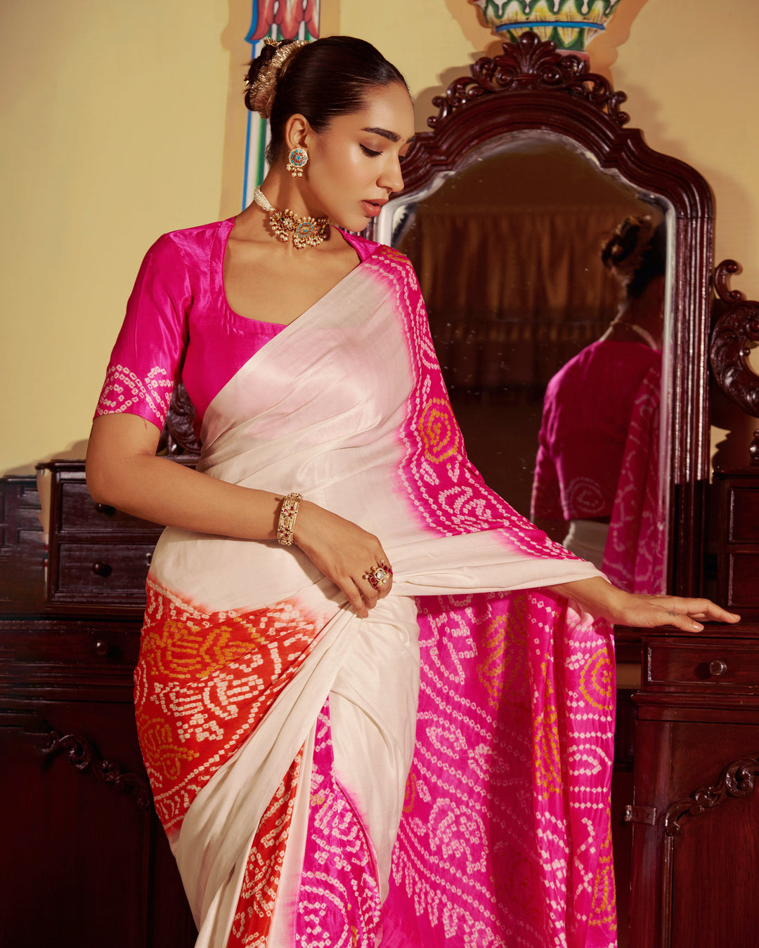 Dhun White Kajol Bandhej Silk Saree