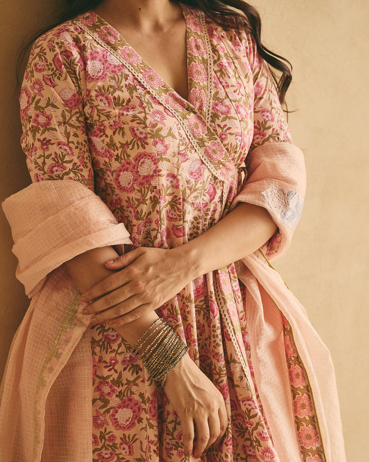 Dima Peach Cotton Printed Suit Set