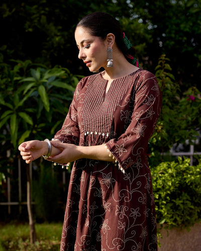 Nida Brown Bandhani Cotton Kurta Set