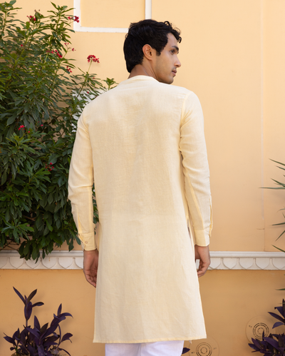 Vyan Cream Solid Linen Kurta