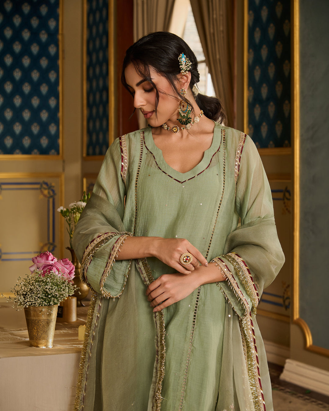 Prabhira Sage Green Embroidered Chanderi Suit Set