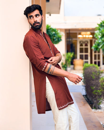 Rajvansh Brown Embroidered Silk Kurta