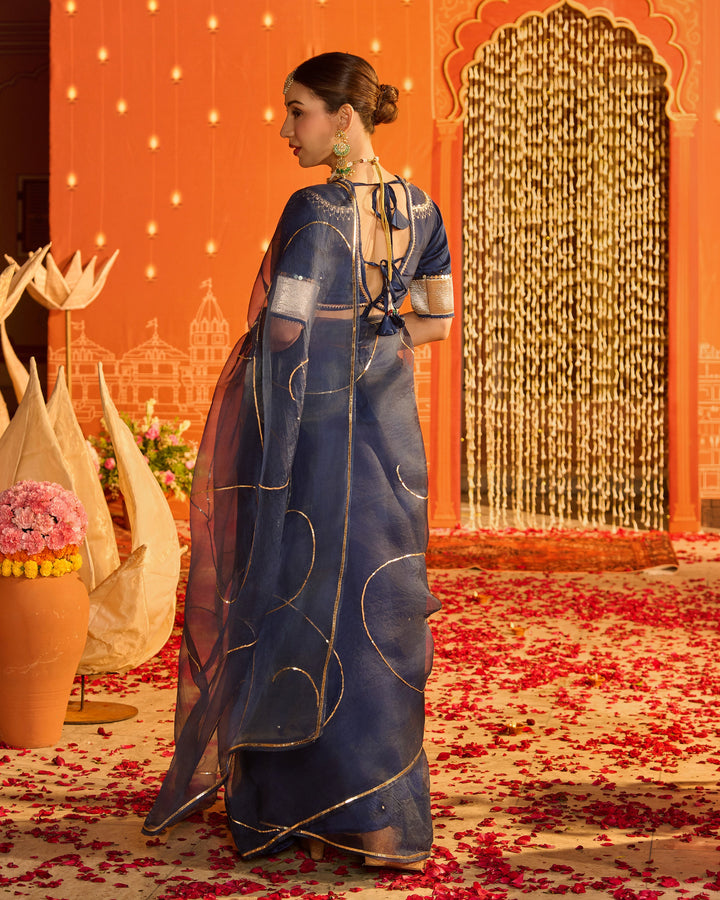 Noorika Blue Embroidered Satin Aangi Blouse And Saree