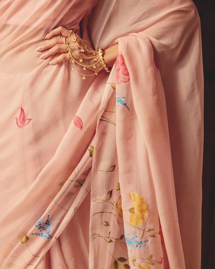 Vana Rose Pink Handpainted Chiffon Saree