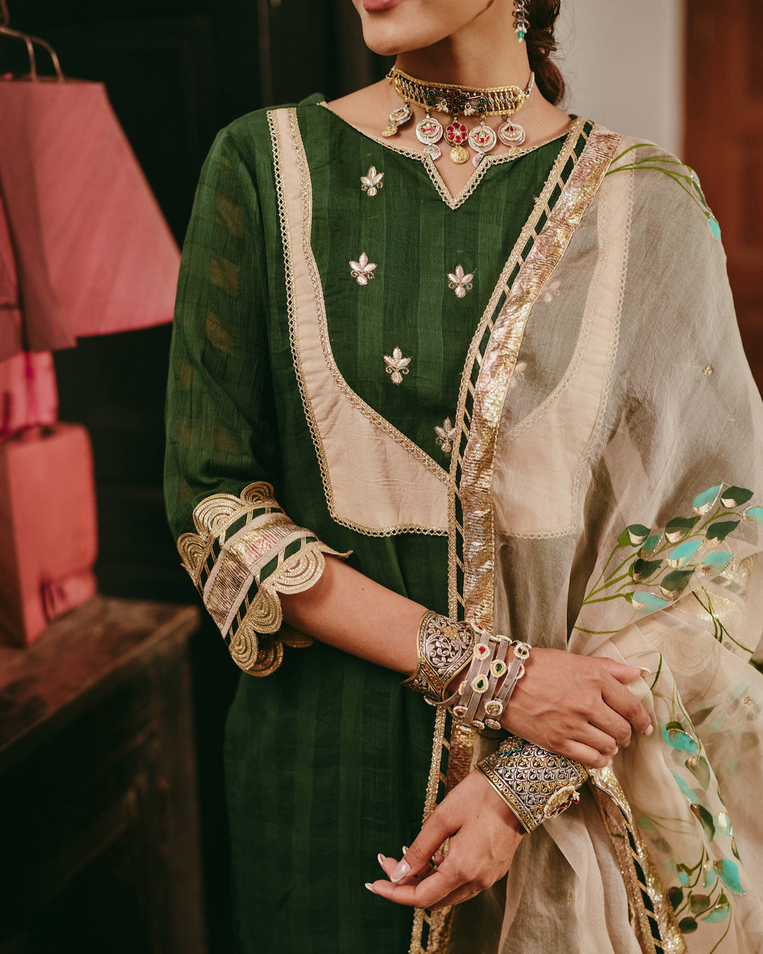 Rangita Green Handpainted Cotton Checks Suit Set