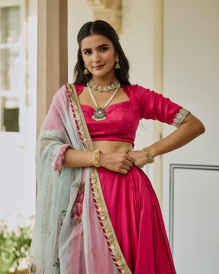 Kalvani Pink Handpainted Satin Lehenga Set