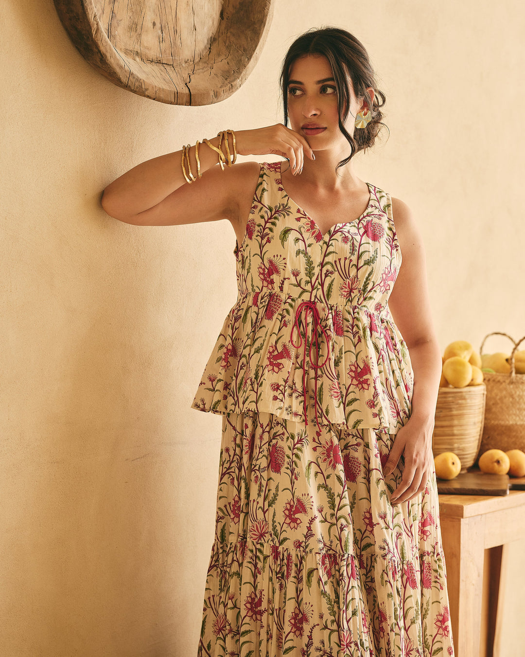 Ramya Beige Cotton Printed Dress