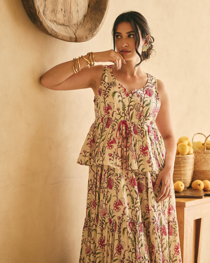 Ramya Beige Cotton Printed Dress