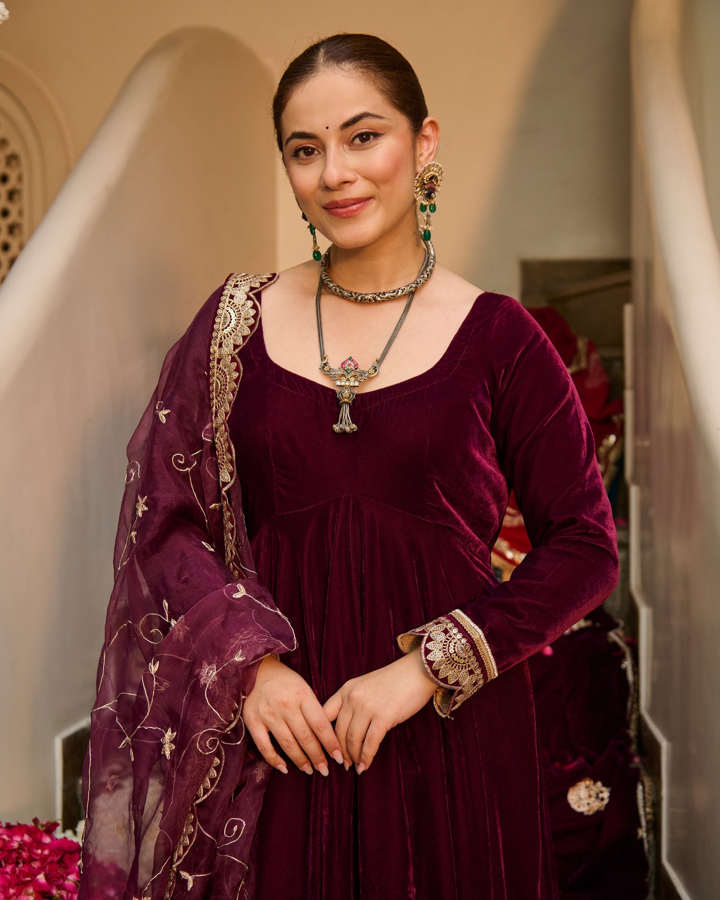 Mahika Purple Solid Velvet Suit Set