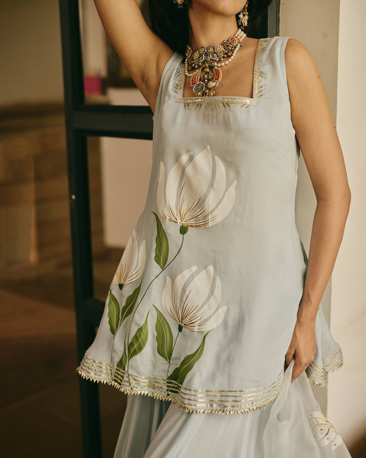 Varnali Blue Handpainted Chinon Suit Set