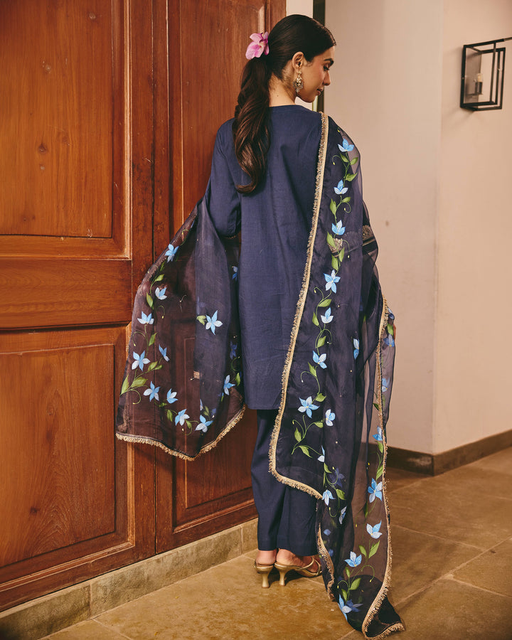 Lace Blue Handpainted Cotton Suit Set