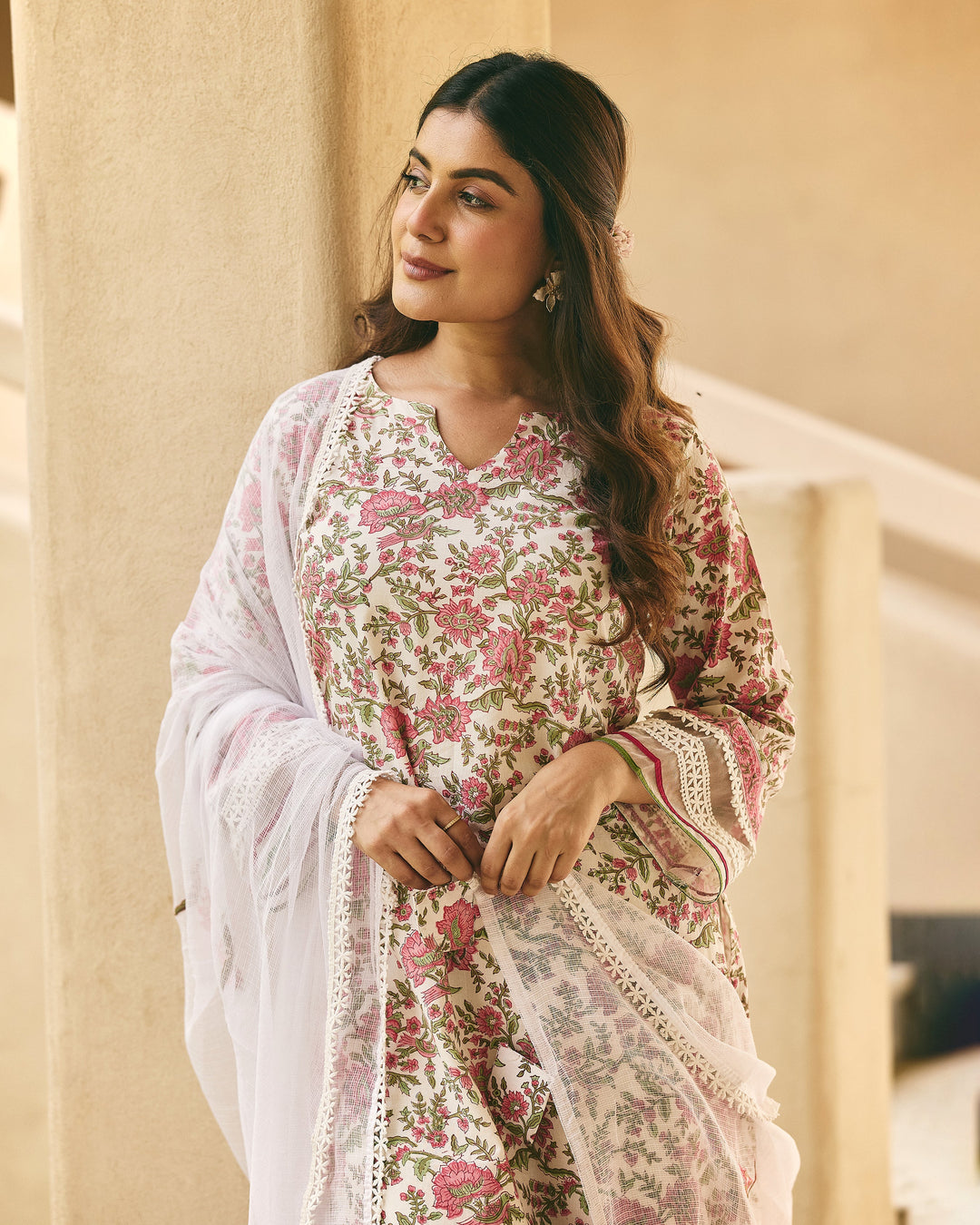 Sasha White Cotton Printed Suit Set