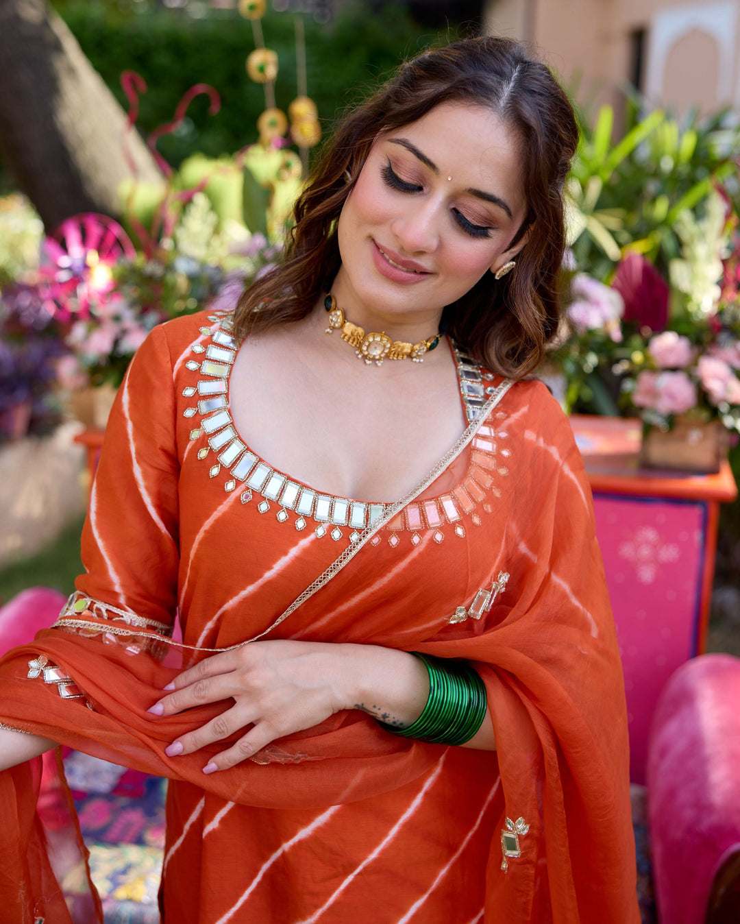 Raksha Orange Leheriya Cotton Suit Set