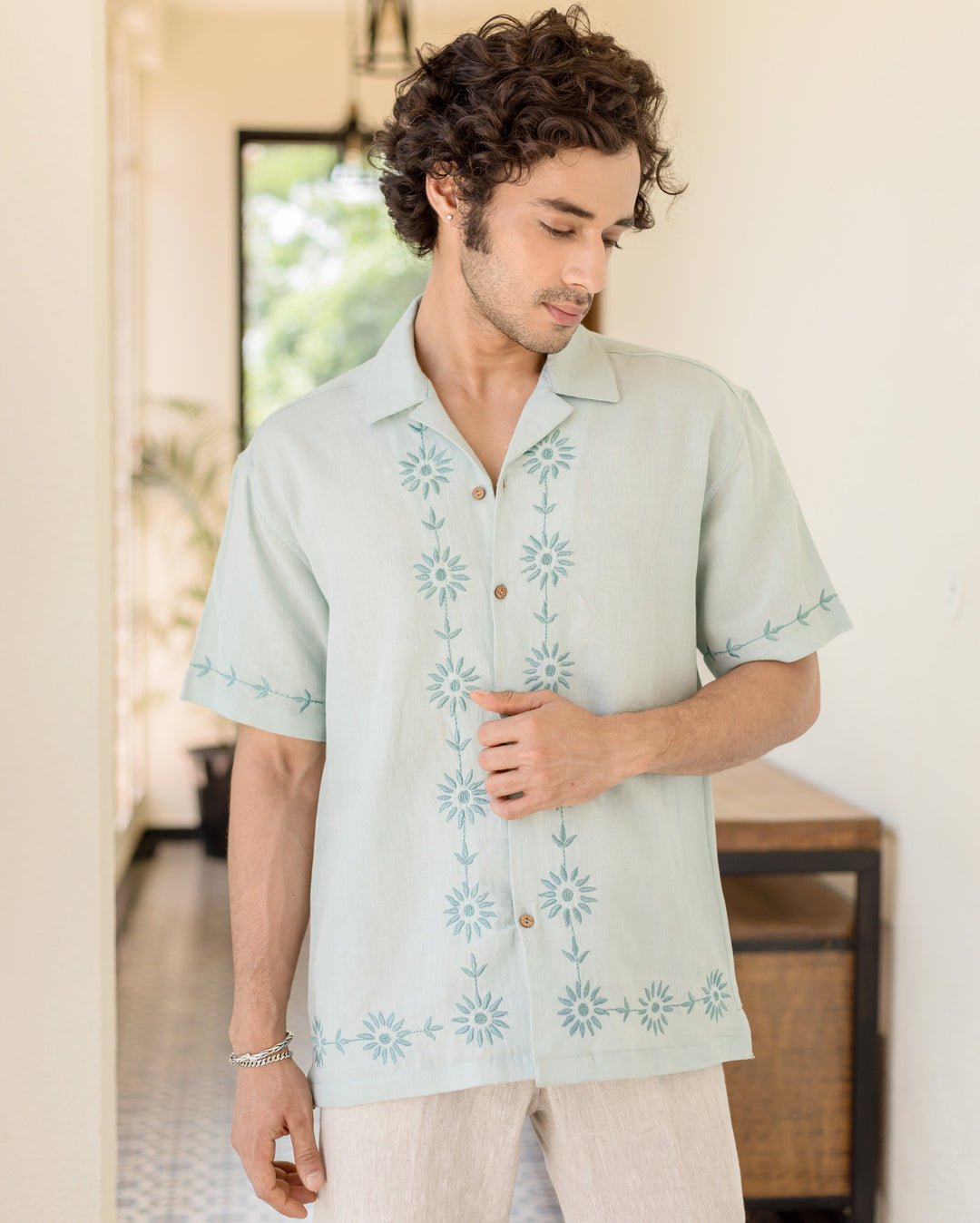 Kaiven Pastel Blue Embroidered Cotton Flex Shirt