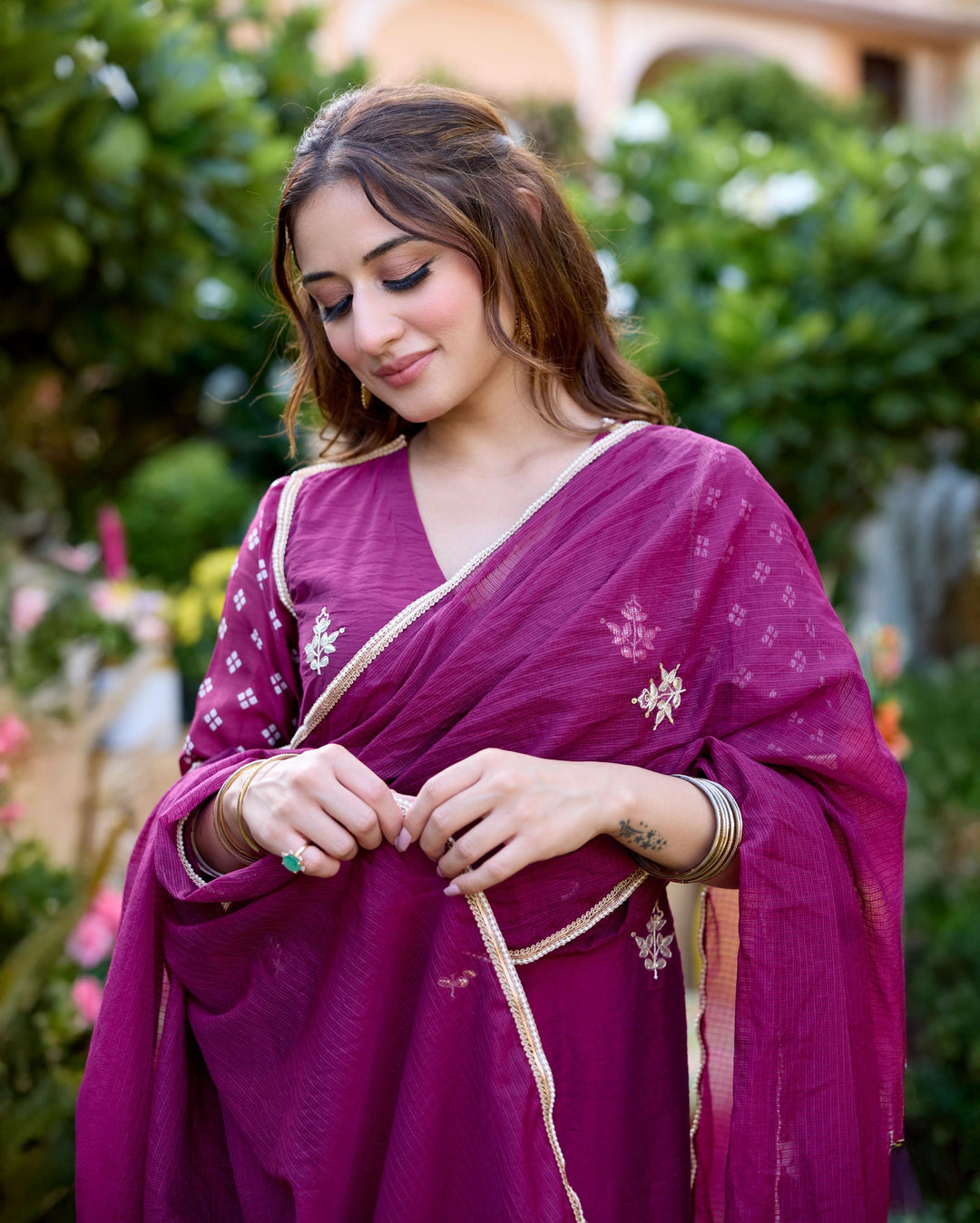 Shrishti Plum Bandhani Chanderi Suit Set