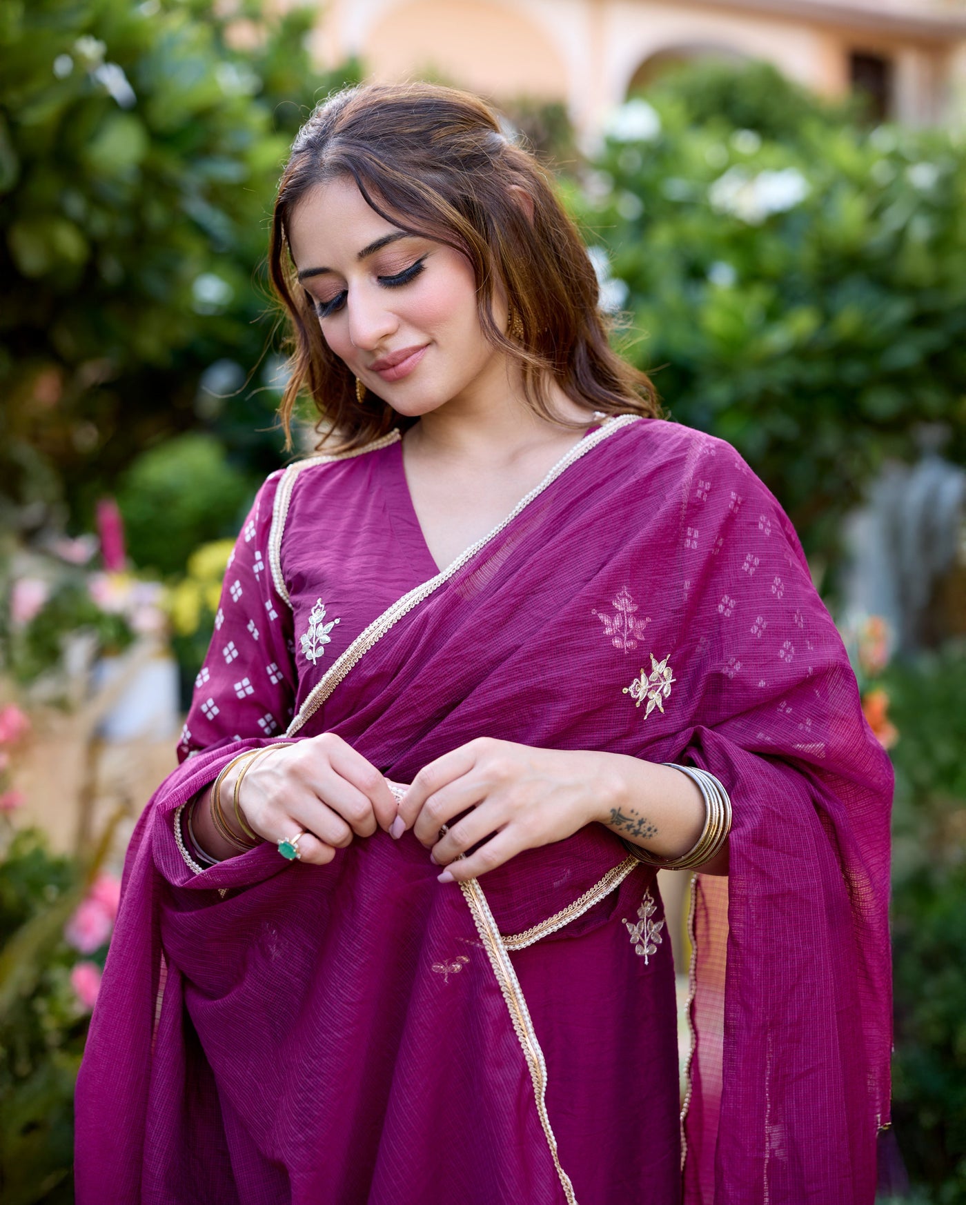 Shrishti Plum Bandhani Chanderi Suit Set