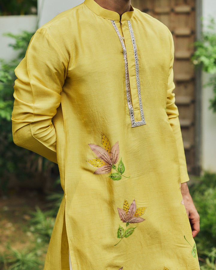Aurev Yellow Handpainted Silk Kurta
