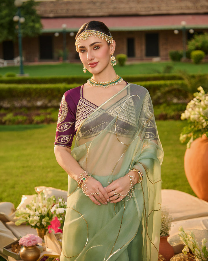 Surmayi Purple Embroidered Satin Aangi Blouse And Saree