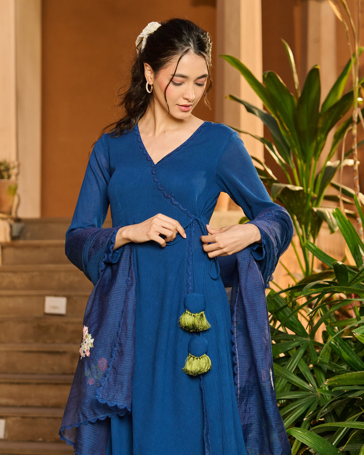 Spark Blue Embroidered Cotton Crush Suit Set