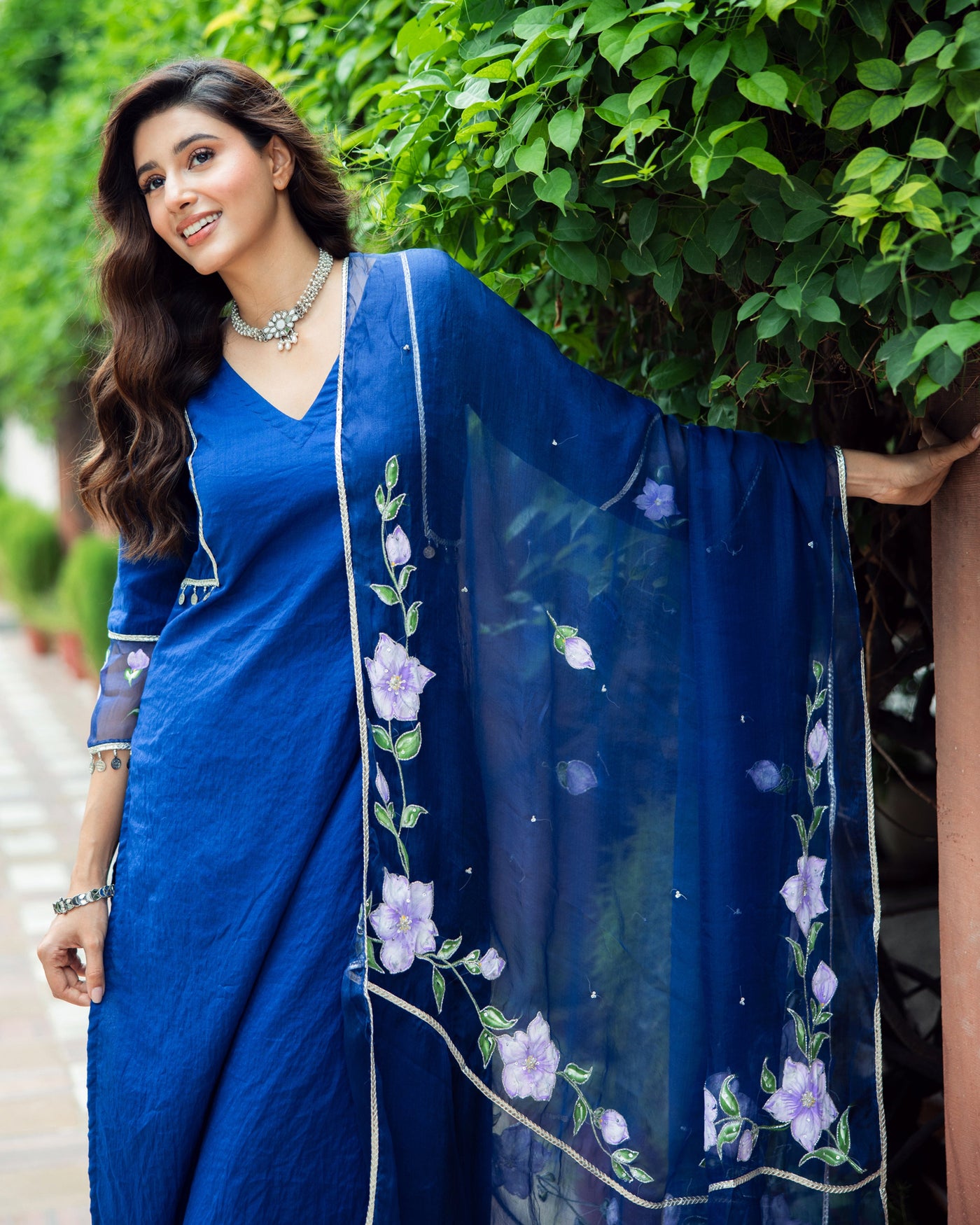 Molshree Blue Handpainted Chanderi Suit Set