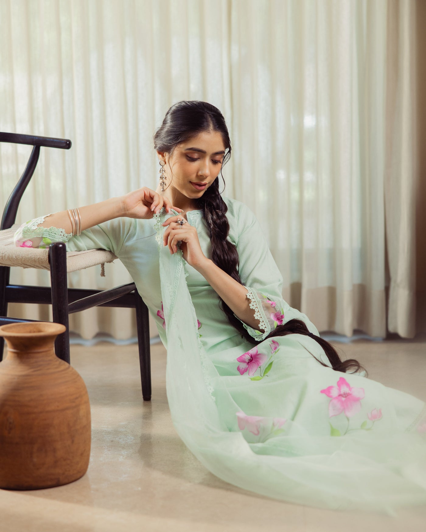 Mirage Mint Green Handpainted Chanderi Suit Set