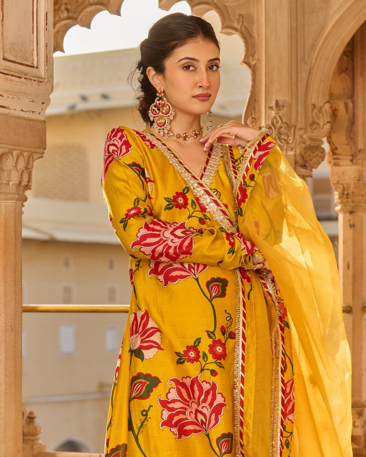 Sana Mustard Printed Chanderi Suit Set