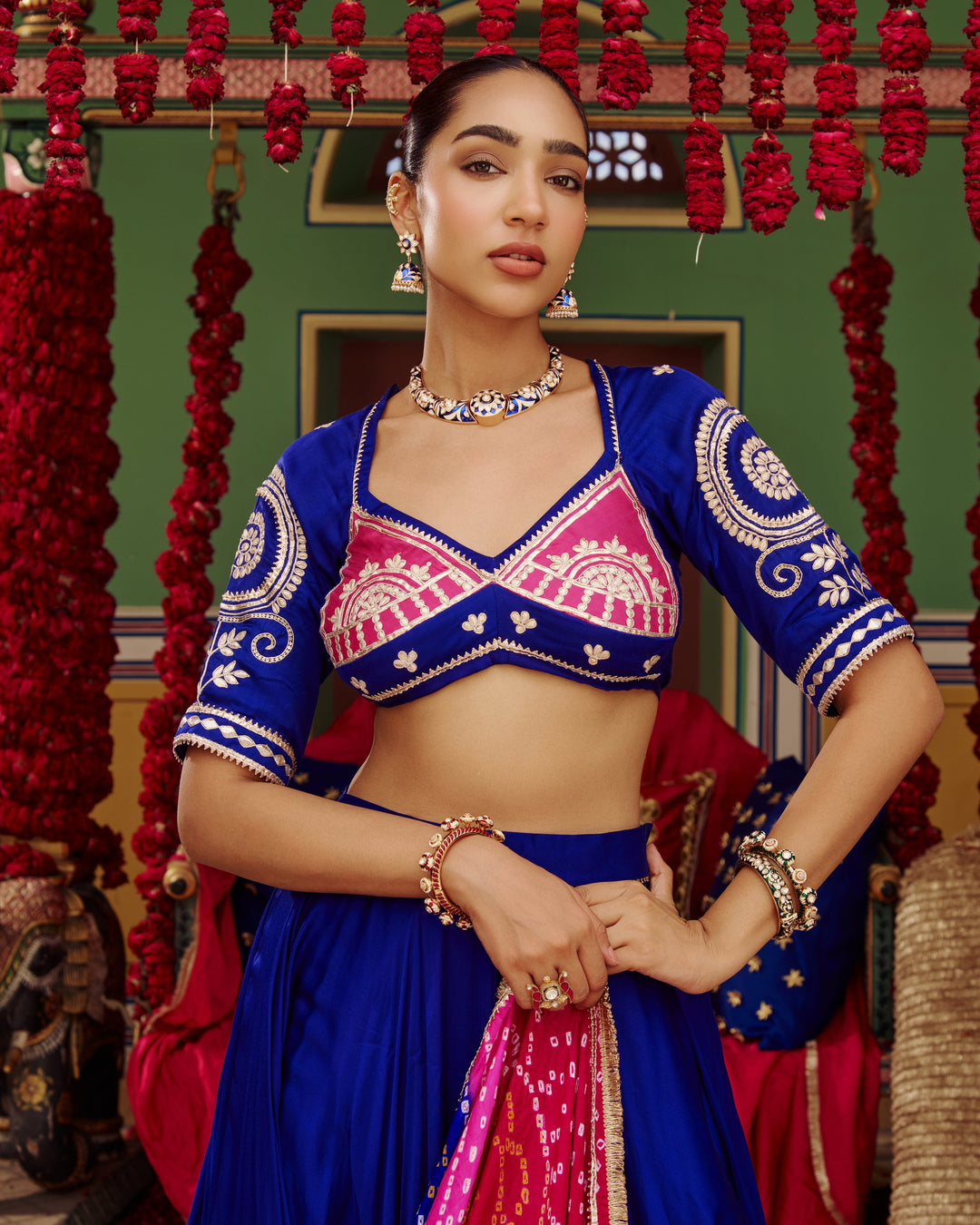 Mora Blue Embroidered Satin Lehenga Set