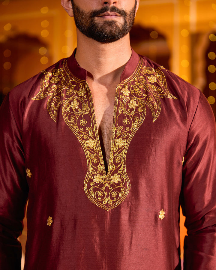 Shreyas Maroon Chanderi Embroidered Kurta