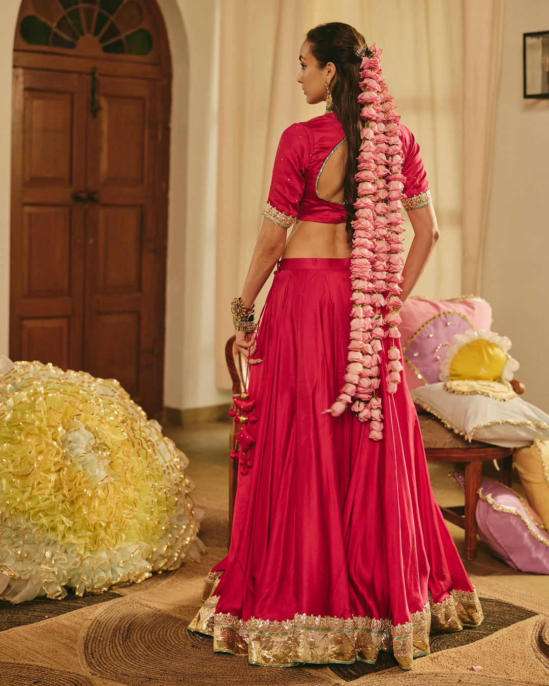 Kalvani Pink Handpainted Satin Lehenga Set